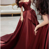 BXOXO Customized Fashion High End Slash Neck Big Swing Wedding Party Dresses Exquisite Satin A-line Tailing Gown Front Bow Back Straps